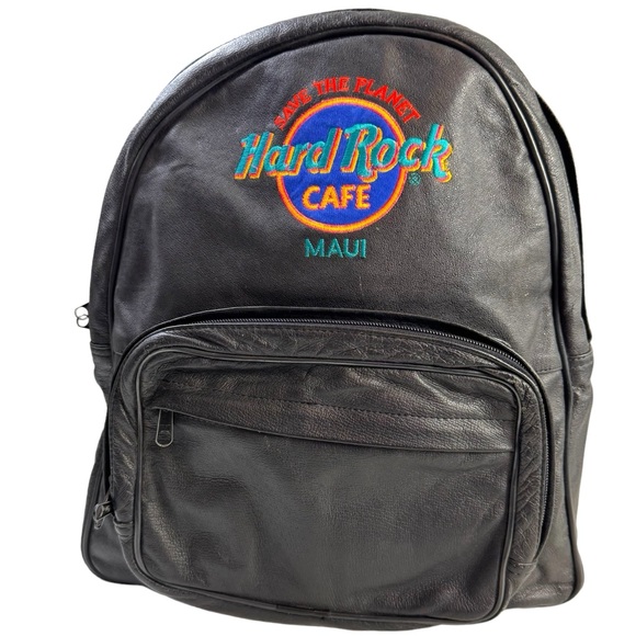 Hard Rock Cafe Handbags - Vintage Y2K Hardrock Cafe Maui Leather Backpack Save The Planet 90’s 3 Zipper